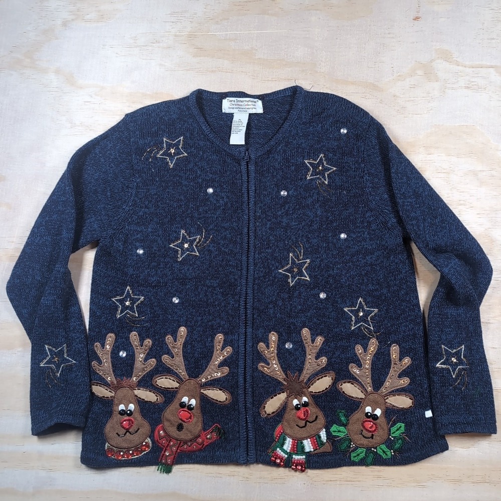Tiara International Ugly Christmas Sweater Womens PL Blue Reindeer Face Cardigan